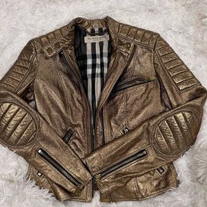 Burberry Metallic Gold Leather Zip Front Jacket